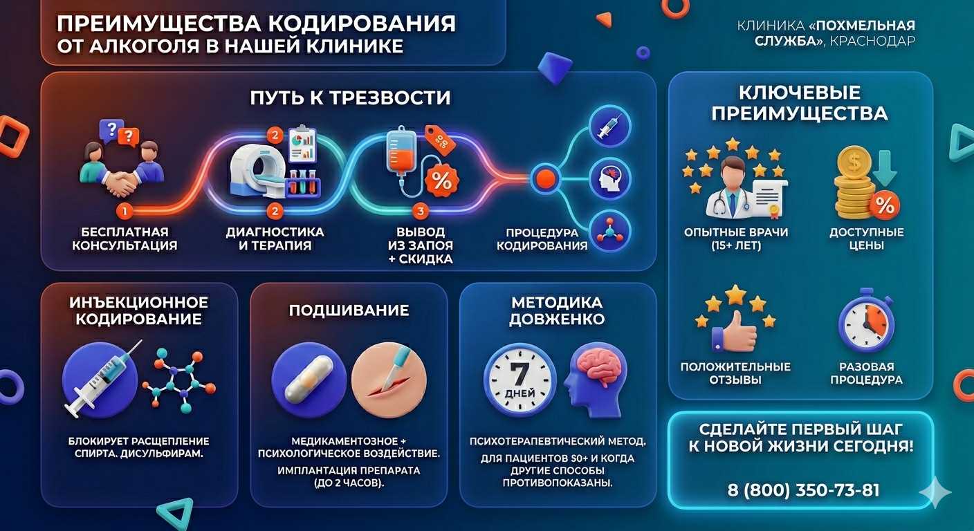 Инфографика о методах кодирования от алкоголя в Белой Калитве: инъекции, подшивание, метод Довженко. Преимущества клиники и этапы лечения.