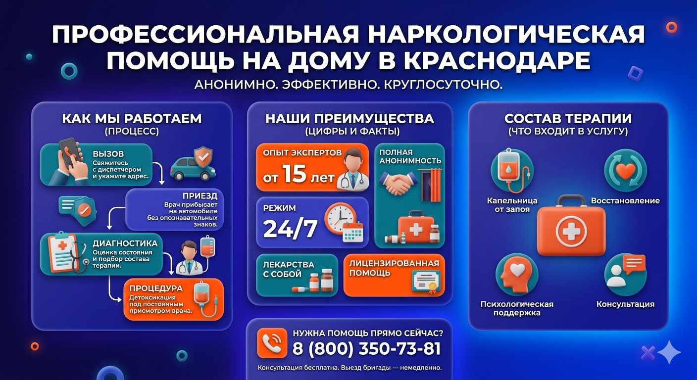 Инфографика о принципах лечения алкоголизма на дому в Белой Калитве: этапы вызова нарколога, преимущества анонимной детоксикации и состав медицинской помощи.
